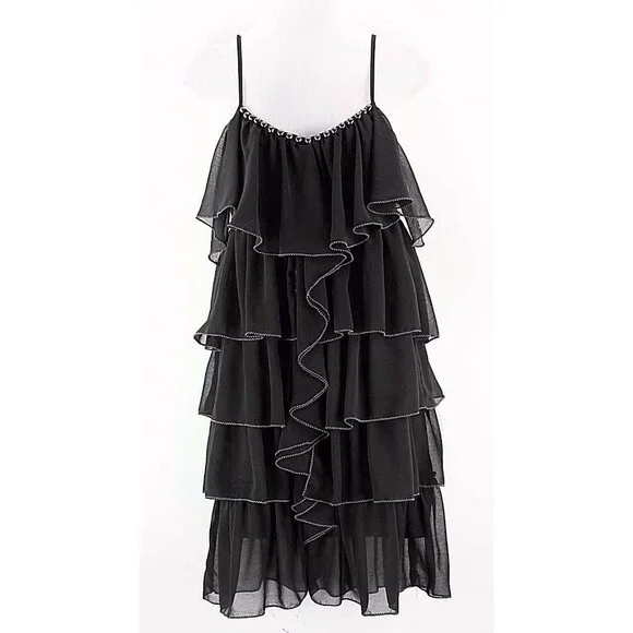 Esley $62 Sz S Black Tiered Ruffle Gunmetal Studs Trapeze Polyester Top - Picture 2 of 8